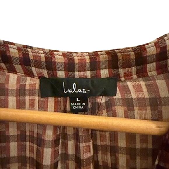 Lulus Plaid Long Sleeve Tiered Mini Dress Brown Check V-Neck L Fall Casual Boho - Picture 3 of 9